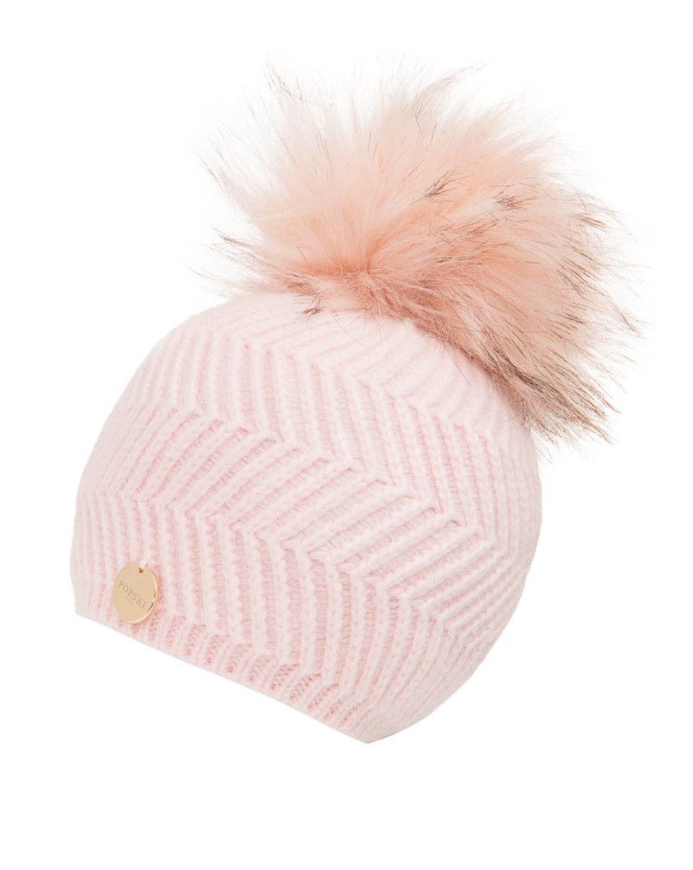 Pink Baby Angora Patterned Pale Pink Faux Fur Pom Pom Hat