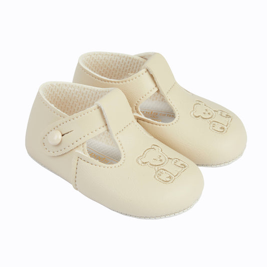 Soft sole baby shoes button T-bar with Teddy embroidery-Ivory