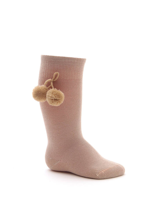 Baby Knee High Socks with Pom pom-CAMEL
