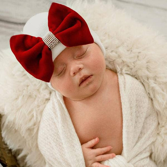 Girls Newborn Hat Velvet Bow With Rhinestone Cente