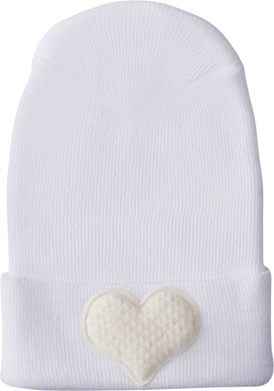 Girls White New Born Hospital Hat With  Fuzzy Ivory Heart
