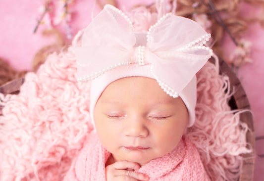 Pink,  Hat Pearl Trimmed Chiffon Bow