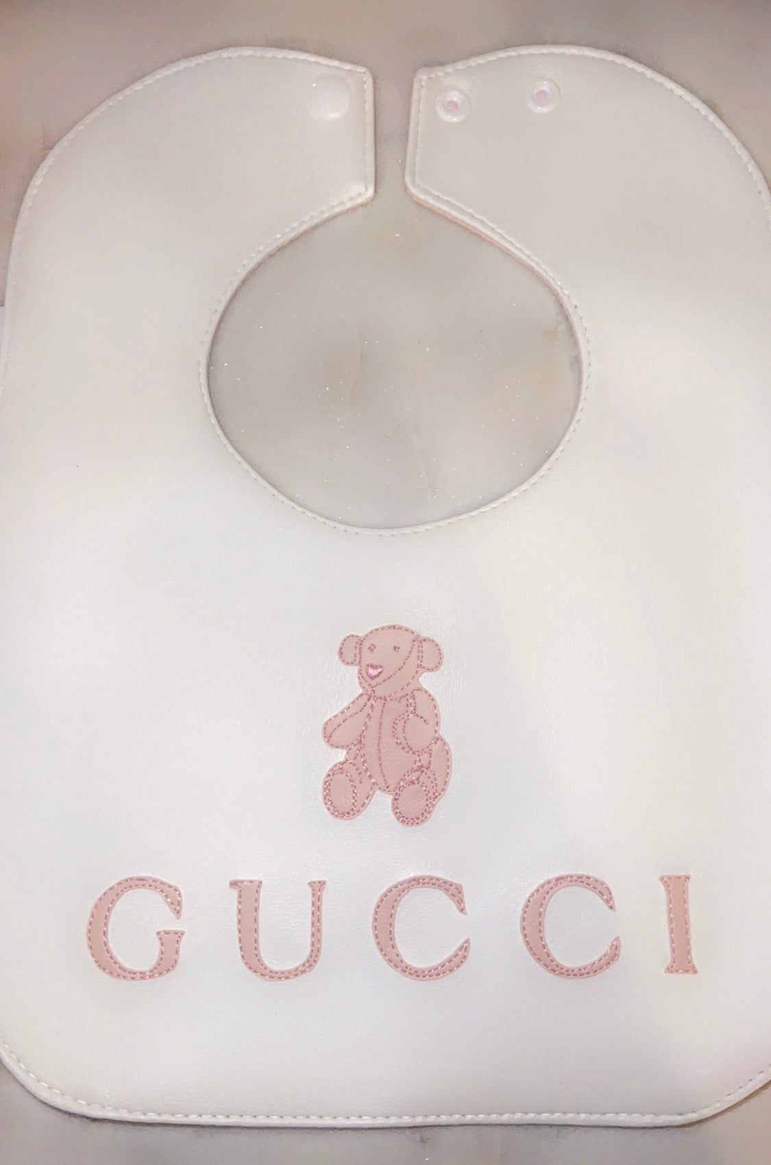 Reversible Vinyl  Baby Bibs ( White & Blush Gucc* Bear)-Regular Size