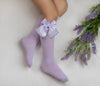 Meia Peta Lavander Girls-Knee Socks With Satin & Lace Bow