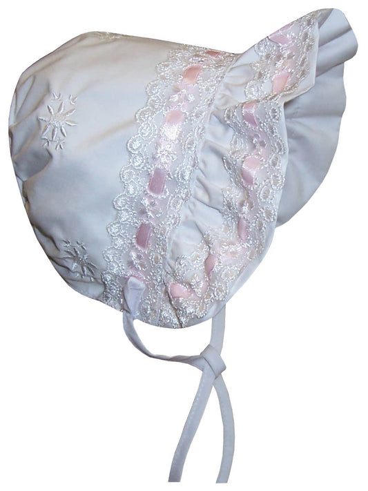Baby Girls Fancy Embroidered White & Pink  Lace Bonnet
