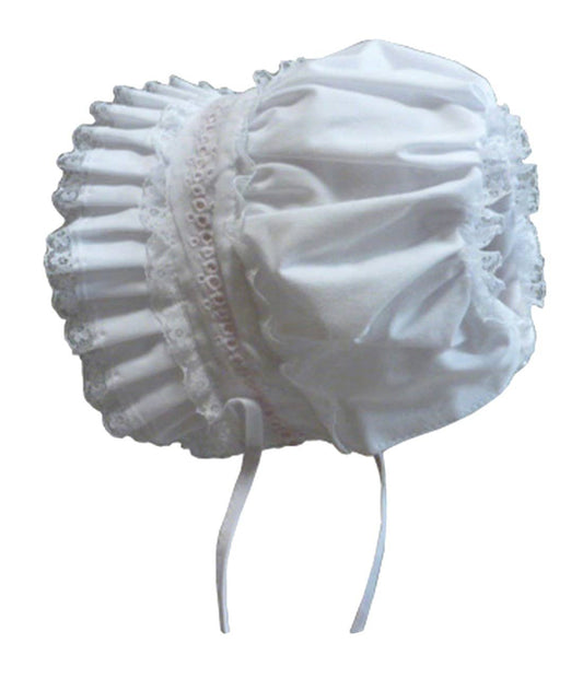 Baby Girl Open Back Lace And Eyelet White Bonnet