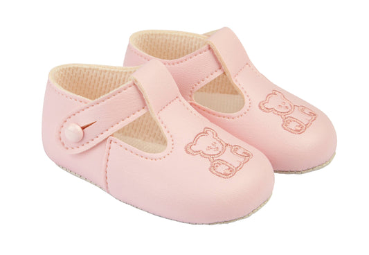 Soft sole baby shoes button T-bar with Teddy embroidery-Pink