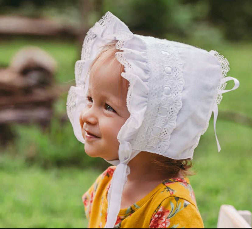 Girls White Ribbon Bonnet